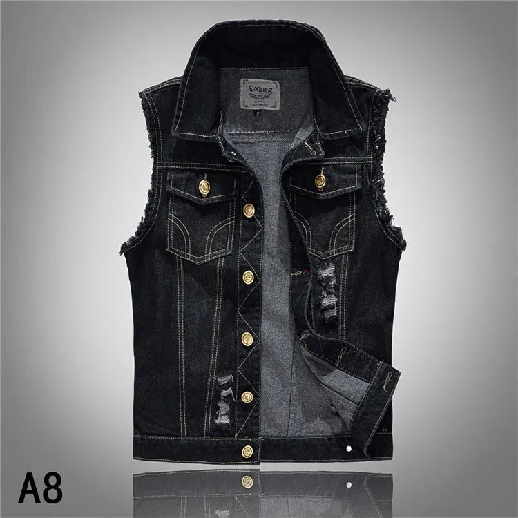 Veste en jean denim noir sans manche pour homme