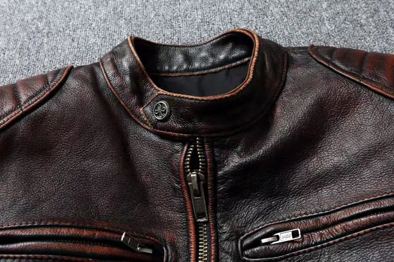 Veste style vintage en cuir de vachette véritable