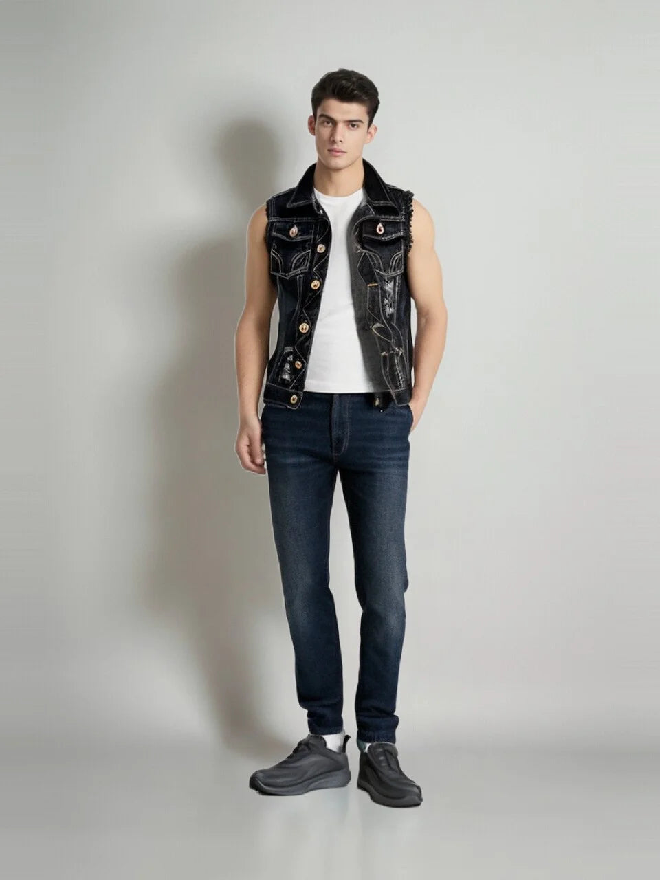 Veste en jean denim noir sans manche pour homme