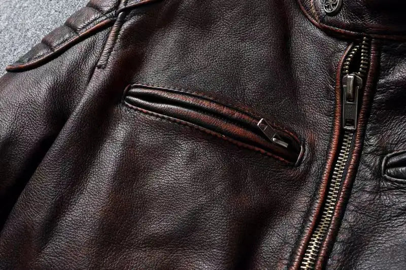 Veste style vintage en cuir de vachette véritable