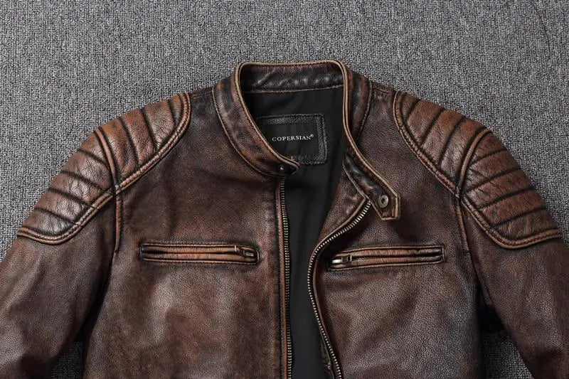 Veste style vintage en cuir de vachette véritable